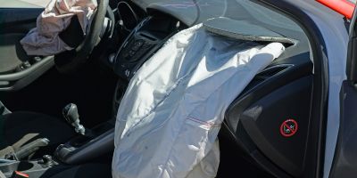 Innenraum eines Fahrzeugs mit einem geöffneten Airbag nach einem Unfall.